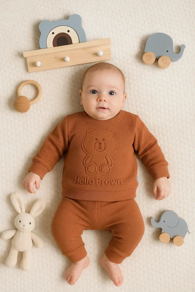 3-18 Ay Bebek Takımı Bear Gofre Kabartma 2'li Kahverengi ürün görseli