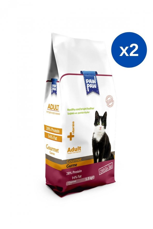 2'li Paket Paw Paw (PawPaw) Gurme Yetişkin Kedi Maması-1,50kgX2adet