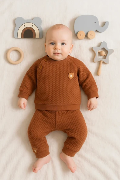 3-18 Ay Erkek Bebek Takımı Jakarlı Omuz Düğme 2'li Kiremit ürün görseli