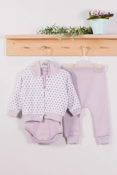 3-9 Ay Kız Bebek Alt&Üst Takımı Puan Kapişonlu 3'lü Lila - 3