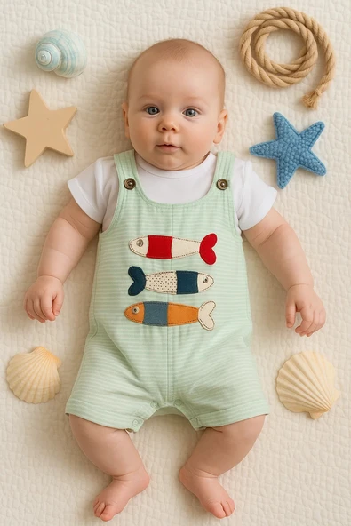 3-18 Ay Erkek Bebek Tulumu Balık Nakışlı Kısa Kollu Yeşil ürün görseli 1