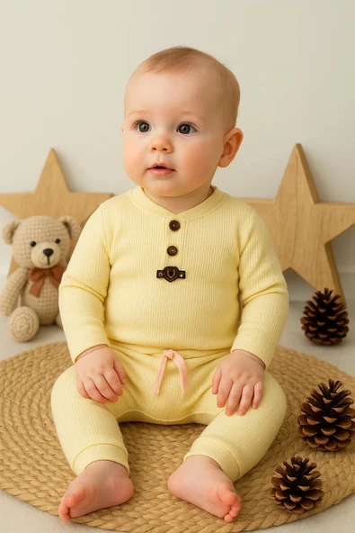 3-12 Ay Waffle Çıtlı Düğmeli 2'li Mevsimlik Takımı Sarı - 2