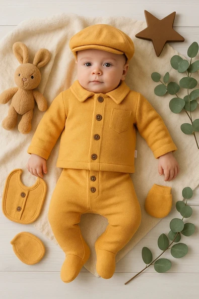 3 Ay Bebek Hastane Çıkışı Cepli Waffle 5'li Erkek Hardal ürün görseli