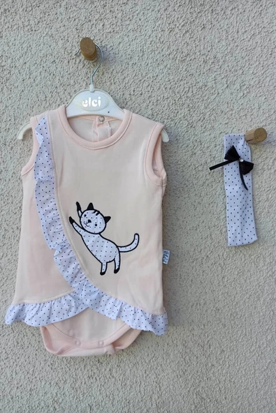 3-9 Ay Kız Bebek Badi Kedili Fırfırlı Bandanalı Somon - 4