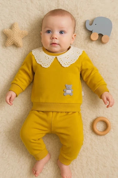 3-18 Ay Kız Bebek Takımı Dantel Yakalı 2'li Hardal ürün görseli 1