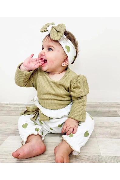 3-18 Ay Bandana Kız Bebek Takımı Kalpli 3'lü Waffle Yeşil