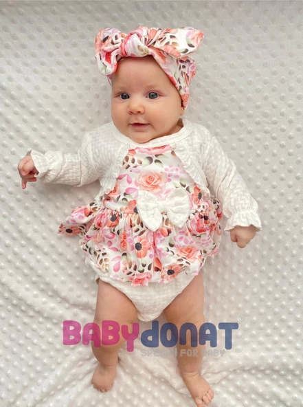 3-12 Ay Bahar Çiçekleri Bandanalı Kız Bebek Romper Beyaz ürün görseli 1