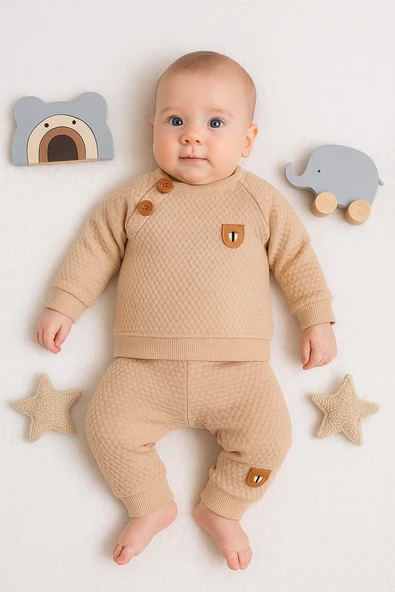 3-18 Ay Erkek Bebek Takımı Jakarlı Omuz Düğmeli 2'li Krem