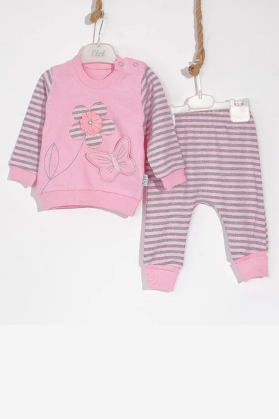 3-9 Ay Kız Bebek Takımı Kelebekli Çiçek Nakışlı 2'li Pembe - Resim 6