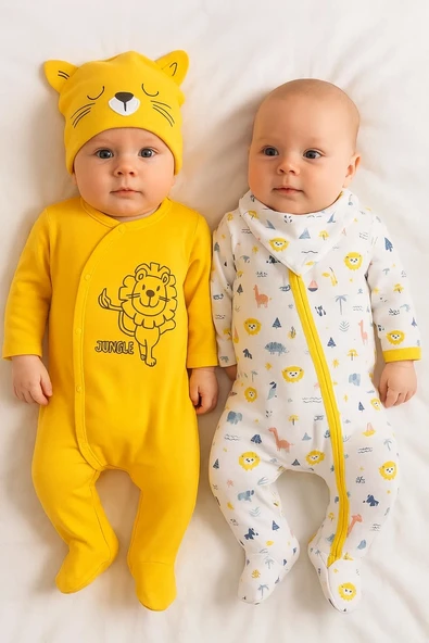 3-6 Ay Mini Jungle Aslan Erkek Bebek 4'lü Tulum Seti Sarı