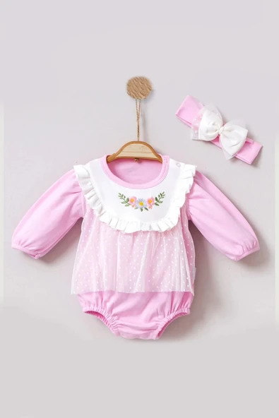 3-12 Ay Çiçek Nakışlı Tüllü Bandanalı Kız Bebek Romper Pembe - 2