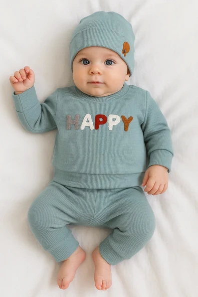 3-18 Ay Erkek Bebek Takımı Happy Nakışlı 2'li Yeşil - Resim 3