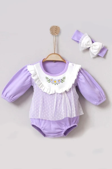 3-12 Ay Çiçek Nakışlı Tüllü Bandanalı Kız Bebek Romper Lila - Resim 2