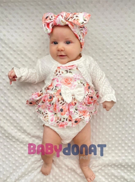 3-12 Ay Bahar Çiçekleri Bandanalı Kız Bebek Romper Beyaz - Resim 5