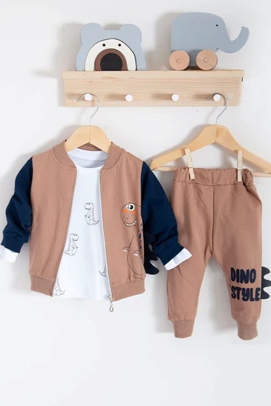 3-18 Ay Erkek Bebek Takımı Dinazor Hırkalı 3'lü Kahverengi - Resim 2