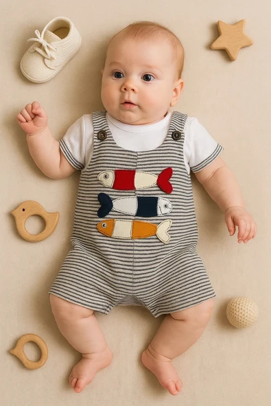 3-18 Ay Erkek Bebek Tulumu Balık Nakışlı Kısa Kollu Gri ürün görseli