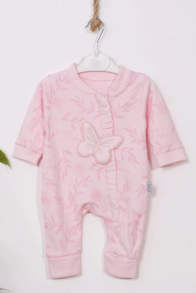 3-9 Ay Kız Bebek Tulumu Kelebek Nakışlı Ayaklı Pembe - Resim 5
