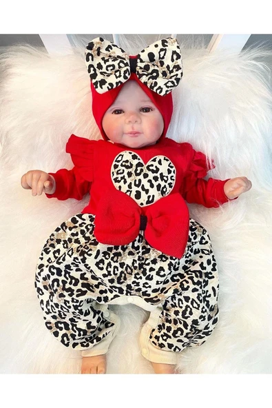 3-9 Ay Kız Bebek Tulum Leopar Desen Fırfır ve Fiyonklu Kırmızı