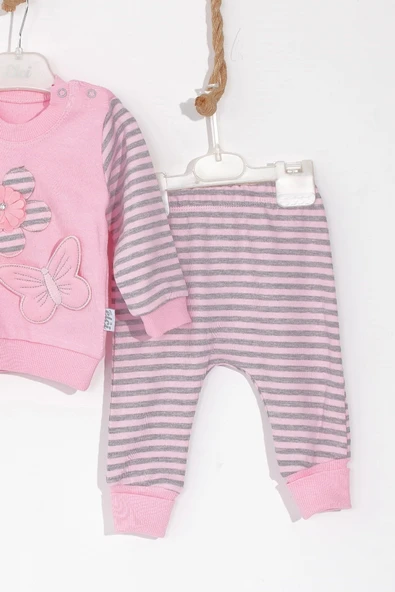 3-9 Ay Kız Bebek Takımı Kelebekli Çiçek Nakışlı 2'li Pembe - Resim 3