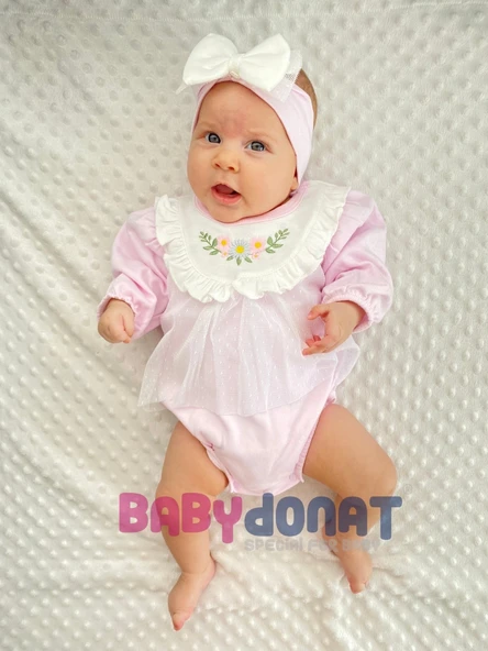 3-12 Ay Çiçek Nakışlı Tüllü Bandanalı Kız Bebek Romper Pembe - 5