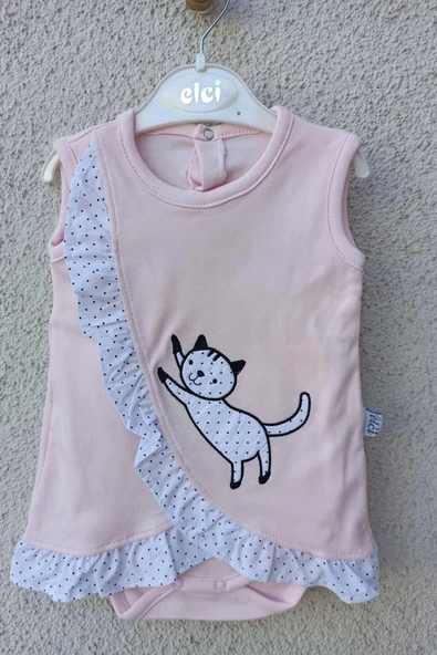 3-9 Ay Kız Bebek Badi Kedili Fırfırlı Bandanalı Pembe - 3