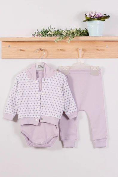 3-9 Ay Kız Bebek Alt&Üst Takımı Puan Kapişonlu 3'lü Lila - 6