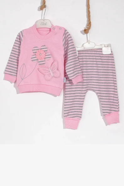 3-9 Ay Kız Bebek Takımı Kelebekli Çiçek Nakışlı 2'li Pembe ürün görseli 1
