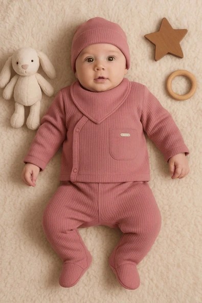 3 Ay Cepli Çizgili 5'li Hastane Çıkış Seti Gül Kurusu - Resim 2