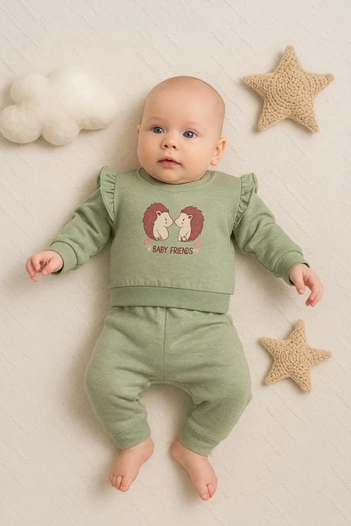 3-18 Ay Kız Bebek Takımı Kirpi Nakışlı 2'li Yeşil ürün görseli