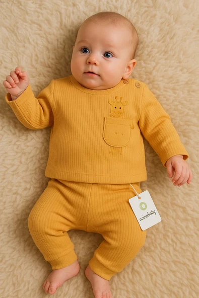 3-12 Ay Erkek Bebek Takımı Zürafa Cep Omuzdan Düğmeli Hardal ürün görseli