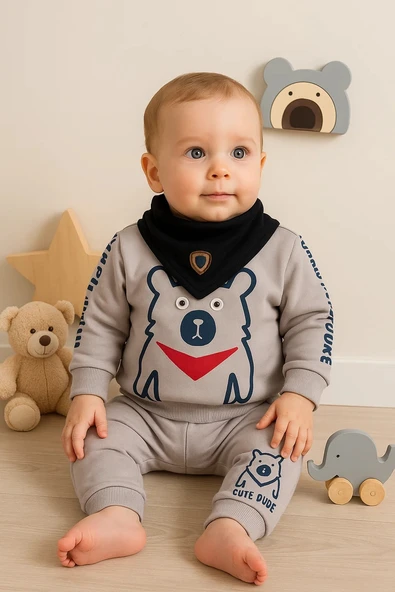 3-18 Ay Erkek Bebek Takımı Oynar Gözlü Fularlı 3'lü Gri - Resim 2