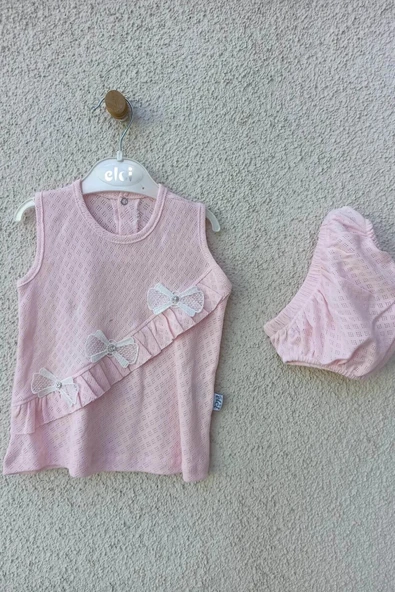 3-9 Ay Bebek Brode Fiyonklu Külotlu Yazlık Takımı PEMBE