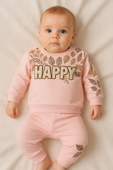 3-18 Ay Kız Bebek Takımı Happy Yaprak 2'li Pembe