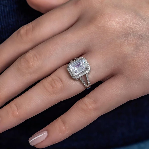 Baget Taşlı Gümüş Tektaş Yüzük - 6