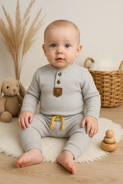 3-12 Ay New Waffle Çıtlı Düğmeli 2'li Mevsimlik Takımı Gri - Resim 2