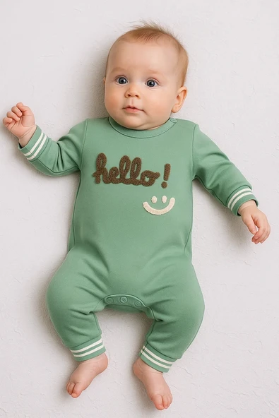 3-12 Ay Erkek Bebek Tulum Hello Nakışlı Yeşil