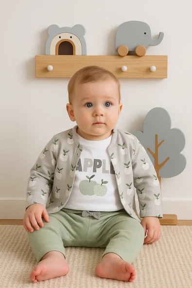 3-18 Ay Kız Bebek Takımı Elma Ceketli 3'lü Yeşil - Resim 2