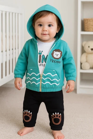 3-18 Ay Erkek Bebek Alt&Üst Takımı Aslan 3'lü Yeşil - Resim 6