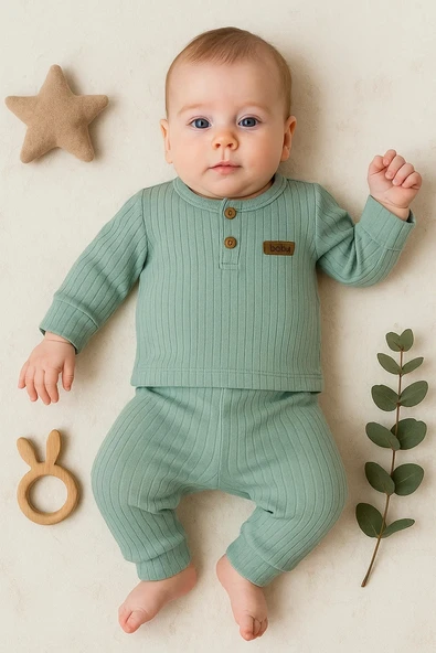 3-18 Ay Çizgili Kumaş 2'li Unisex Takımı Yeşil - Resim 2