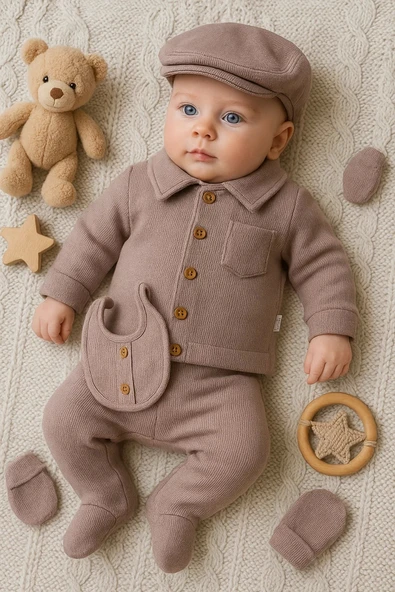 3 Ay Bebek Hastane Çıkış Seti Cepli Waffle 5'li Erkek Gri - Resim 4