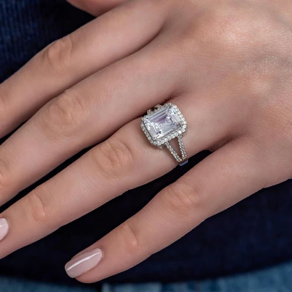 Baget Taşlı Gümüş Tektaş Yüzük - 8