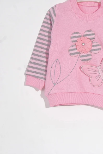 3-9 Ay Kız Bebek Takımı Kelebekli Çiçek Nakışlı 2'li Pembe - Resim 2