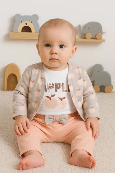 3-18 Ay Kız Bebek Takımı Elma Ceketli 3'lü Somon ürün görseli