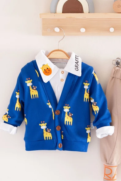 3-18 Ay Erkek Bebek Takımı Zürafa Gömlek Yakalı 3'lü Mavi - 3