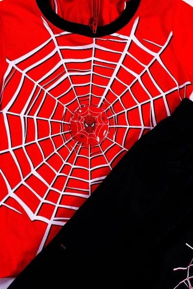 1-2-3 Yaş Örümcek Adam Kapişonlu Erkek Çocuk Takımı Kırmızı - Resim 4