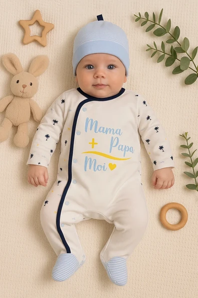 3-9 Ay Erkek Bebek Tulumu Marin Şapkalı Mavi ürün görseli