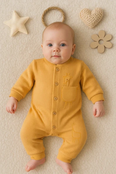 3-12 Ay Erkek Bebek Tulumu Zürafa Nakışlı Cepli Hardal - Resim 2