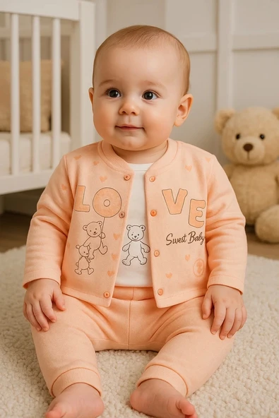 3-9 Ay Kız Bebek Takımı Love Tavşan Kol Detay 3'lü Hırka Somon