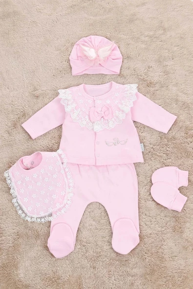 Melek Kanatlı 5'li Kız Bebek Hastane Çıkış Seti Pembe - 3