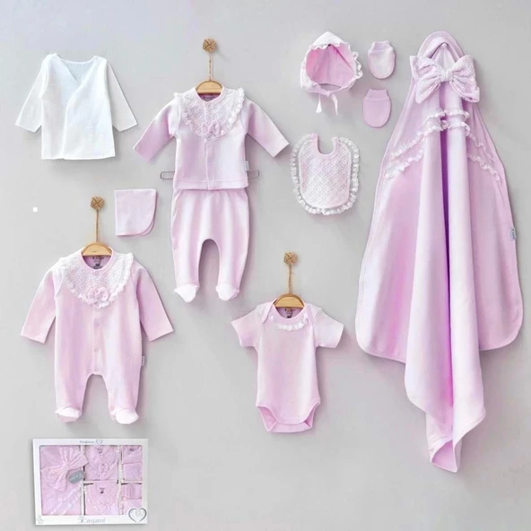 Dantelli Kız Bebek 10 Parça kız Bebek Hastane Çıkışı Kutulu Pembe - Resim 2